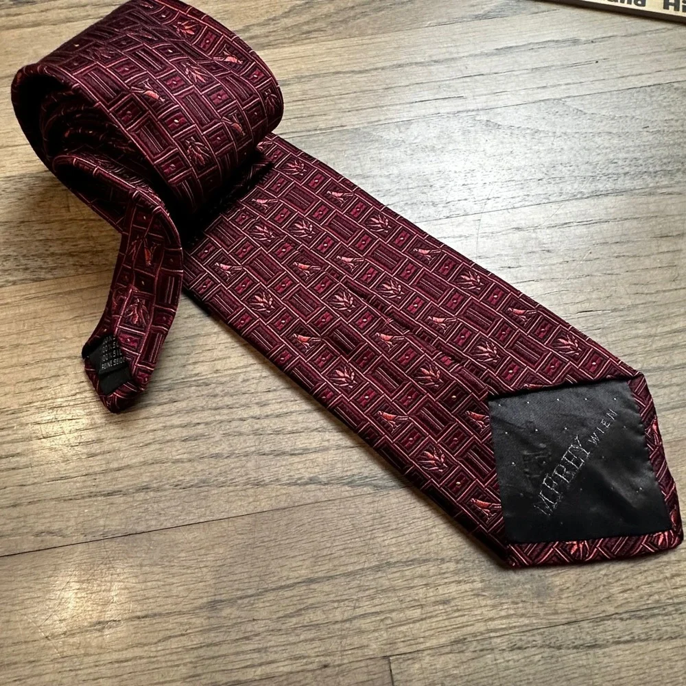 M Frey‎ Wien Burgundy Red Silk Necktie Bird Leaf Pattern Men's Formal Tie